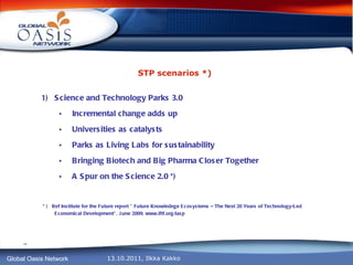 STP scenarios *) Science and Technology Parks 3.0 Incremental change adds up Universities as catalysts Parks as Living Labs for sustainability Bringing Biotech and Big Pharma Closer Together A Spur on the Science 2.0 *) * )  Ref Institute for the Future report ” Future Knowledege Ecosystems – The Next 20 Years of Technology-Led Economical Development”, June 2009, www.iftf.org/iasp 