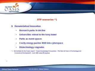 STP scenarios *) 3)  Dematerialized Innovation Research parks in decline Universities retreat to the ivory tower Parks as event spaces Costly energy pushes R&D into cyberspace Biotechnology stagnates * )  Ref Institute for the Future report ” Future Knowledege Ecosystems – The Next 20 Years of Technology-Led Economical Development”, June 2009, www.iftf.org/iasp 