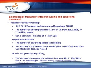 Emergence of freelancer entrepreneurship and coworking movement Freelancer entrepreneurship 16,2 % of European workforce are self-employed (2004) The number of self-employed rose 22 % in UK from 2002-2009, to 2,3 million people Gen Y start ups – but also 60 +  start ups! Coworking movement  The number of coworking spaces is rocketing In 2005 only a few existed in the whole world - one of the first ones was FlexLab in Joensuu Finland    now 820 globally (May 2011)   The increase in numbers just between February 2011 – May 2011 was 17 % according to  http://www.deskmag.com/en/820-coworking-spaces-worldwide-statistics 