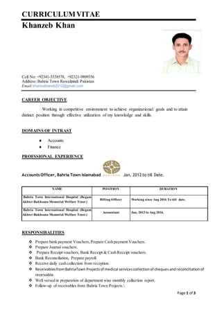 Page 1 of 3
CURRICULUMVITAE
Khanzeb Khan
Cell No: +92341-5338578, +92321-9809356
Address: Bahria Town Rawalpindi Pakistan
Email:khanzebtanoli2012@gmail.com
CAREER OBJECTIVE
Working in competitive environment to achieve organizational goals and to attain
distinct position through effective utilization of my knowledge and skills.
DOMAINS OF INTRAST
 Accounts
 Finance
PROFSSIONAL EXPERIENCE
Accounts Officer, Bahria Town Islamabad Jan, 2012 to till Date.
NAME POSITION DURATION
Bahria Town International Hospital (Begum
Akhter Rukhsana Memorial Welfare Trust )
Billing Officer Working since Aug 2016 To till date.
Bahria Town International Hospital (Begum
Akhter Rukhsana Memorial Welfare Trust )
Accountant Jan, 2012 to Aug 2016.
RESPONSIBALITIES
 Prepare bank payment Vouchers,Prepare Cash payment Vouchers.
 Prepare Journalvouchers.
 Prepare Receipt vouchers, Bank Receipt & Cash Receipt vouchers.
 Bank Reconciliation, Prepare payroll.
 Receive daily cash collection from reception.
 ReceivablesfromBahriaTown Projectsof medical servicescollectionof chequesandreconciliation of
receivable.
 Well versed in preparation of department wise monthly collection report.
 Follow-up of receivables from Bahria Town Projects.
 
