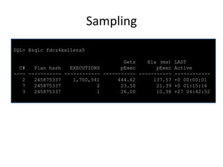 Sampling
SQL> @sqlc fdcz4kx11era5

C#
Plan hash
EXECUTIONS
---- ----------- -----------2
245875337
1,700,541
7
245875337
2
3
245875337
1

Gets
Ela (ms) LAST
pExec
pExec Active
----------- ----------- -----------444.62
137.57 +0 00:00:01
23.50
21.39 +0 01:15:16
26.00
10.38 +27 04:42:52

 