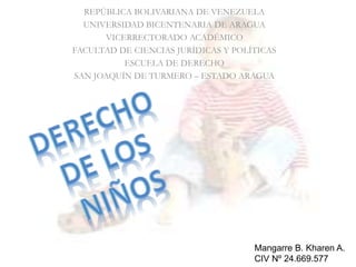 REPÚBLICA BOLIVARIANA DE VENEZUELA
UNIVERSIDAD BICENTENARIA DE ARAGUA
VICERRECTORADO ACADÉMICO
FACULTAD DE CIENCIAS JURÍDICAS Y POLÍTICAS
ESCUELA DE DERECHO
SAN JOAQUÍN DE TURMERO – ESTADO ARAGUA
Mangarre B. Kharen A.
CIV Nº 24.669.577
 
