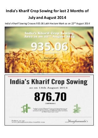 India’s Kharif Crop Sowing for last 2 Months of
July and August 2014
India’s Kharif Sowing Crosses 935.06 Lakh Hectare Mark as on 22nd August 2014
 