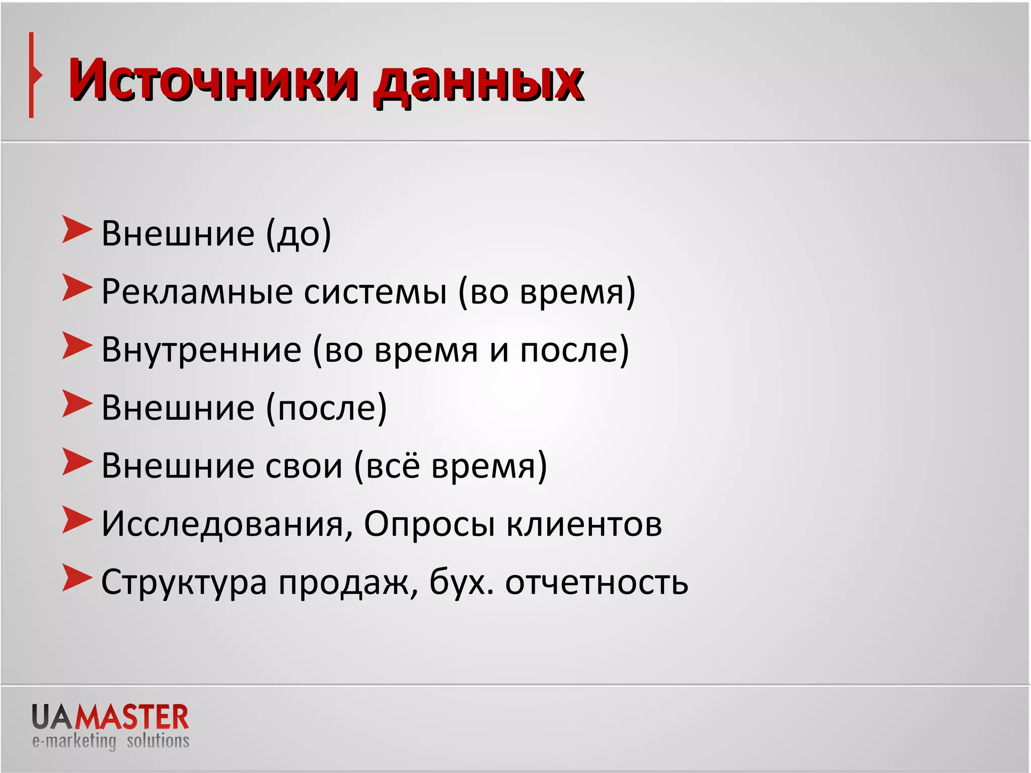 Источники данных

 Внешние (до)
 Рекламные системы (во время)
 Внутренние (во время и после)
 Внешние (после)
 Внешние свои (всё время)
 Исследования, Опросы клиентов
 Структура продаж, бух. отчетность
 