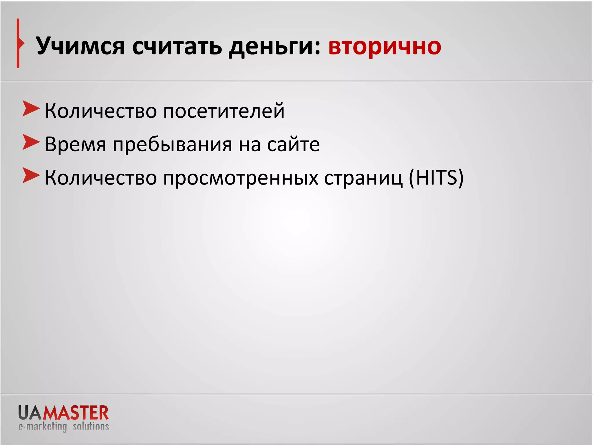 Учимся считать деньги: вторично

Количество посетителей
Время пребывания на сайте
Количество просмотренных страниц (HITS)
 