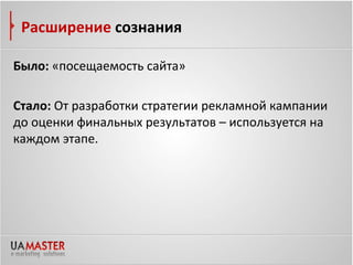 Расширение сознания

Было: «посещаемость сайта»

Стало: От разработки стратегии рекламной кампании
до оценки финальных результатов – используется на
каждом этапе.
 