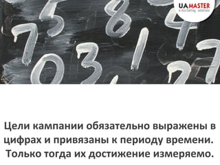 Цели кампании обязательно выражены в
цифрах и привязаны к периоду времени.
Только тогда их достижение измеряемо.
 