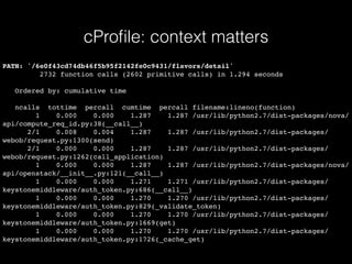 cProﬁle: context matters
PATH: '/6e0f43cd74db46f5b95f2142fe0c9431/flavors/detail'
2732 function calls (2602 primitive calls) in 1.294 seconds
Ordered by: cumulative time
ncalls tottime percall cumtime percall filename:lineno(function)
1 0.000 0.000 1.287 1.287 /usr/lib/python2.7/dist-packages/nova/
api/compute_req_id.py:38(__call__)
2/1 0.008 0.004 1.287 1.287 /usr/lib/python2.7/dist-packages/
webob/request.py:1300(send)
2/1 0.000 0.000 1.287 1.287 /usr/lib/python2.7/dist-packages/
webob/request.py:1262(call_application)
1 0.000 0.000 1.287 1.287 /usr/lib/python2.7/dist-packages/nova/
api/openstack/__init__.py:121(__call__)
1 0.000 0.000 1.271 1.271 /usr/lib/python2.7/dist-packages/
keystonemiddleware/auth_token.py:686(__call__)
1 0.000 0.000 1.270 1.270 /usr/lib/python2.7/dist-packages/
keystonemiddleware/auth_token.py:829(_validate_token)
1 0.000 0.000 1.270 1.270 /usr/lib/python2.7/dist-packages/
keystonemiddleware/auth_token.py:1669(get)
1 0.000 0.000 1.270 1.270 /usr/lib/python2.7/dist-packages/
keystonemiddleware/auth_token.py:1726(_cache_get)
 