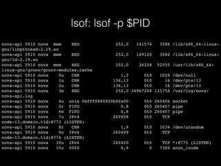 lsof: lsof -p $PID
nova-api 5910 nova mem REG 252,0 141574 3586 /lib/x86_64-linux-
gnu/libpthread-2.19.so
nova-api 5910 nova mem REG 252,0 149120 3582 /lib/x86_64-linux-
gnu/ld-2.19.so
nova-api 5910 nova mem REG 252,0 26258 52555 /usr/lib/x86_64-
linux-gnu/gconv/gconv-modules.cache
nova-api 5910 nova 0u CHR 1,3 0t0 1029 /dev/null
nova-api 5910 nova 1u CHR 136,13 0t0 16 /dev/pts/13
nova-api 5910 nova 2u CHR 136,13 0t0 16 /dev/pts/13
nova-api 5910 nova 3w REG 252,0 34967268 135756 /var/log/nova/
nova-api.log
nova-api 5910 nova 4u unix 0xffff880850b92a00 0t0 260406 socket
nova-api 5910 nova 5r FIFO 0,8 0t0 260407 pipe
nova-api 5910 nova 6w FIFO 0,8 0t0 260407 pipe
nova-api 5910 nova 7u IPv4 260408 0t0 TCP
node-13.domain.tld:8773 (LISTEN)
nova-api 5910 nova 8r CHR 1,9 0t0 1034 /dev/urandom
nova-api 5910 nova 9u IPv4 260409 0t0 TCP
node-13.domain.tld:8774 (LISTEN)
nova-api 5910 nova 10u IPv4 260420 0t0 TCP *:8775 (LISTEN)
nova-api 5910 nova 15u 0000 0,9 0 7380 anon_inode
 