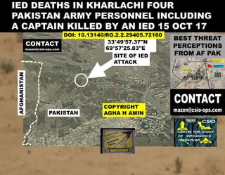 AFGHANISTAN
PAKISTAN
33°49'57.37"N
69°57'25.83"E
SITE OF IED
ATTACK
IED DEATHS IN KHARLACHI FOUR
PAKISTAN ARMY PERSONNEL INCLUDING
A CAPTAIN KILLED BY AN IED 15 OCT 17
COPYRIGHT
AGHA H AMIN
DOI: 10.13140/RG.2.2.29405.72160
 