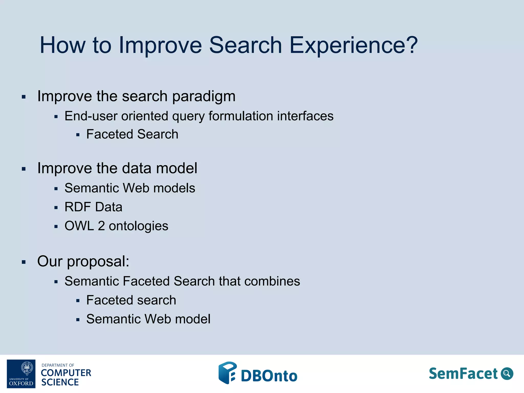 How to Improve Search Experience? 
§ Improve the search paradigm 
§ End-user oriented query formulation interfaces 
§ Faceted Search 
§ Improve the data model 
§ Semantic Web models 
§ RDF Data 
§ OWL 2 ontologies 
§ Our proposal: 
§ Semantic Faceted Search that combines 
§ Faceted search 
§ Semantic Web model 
 