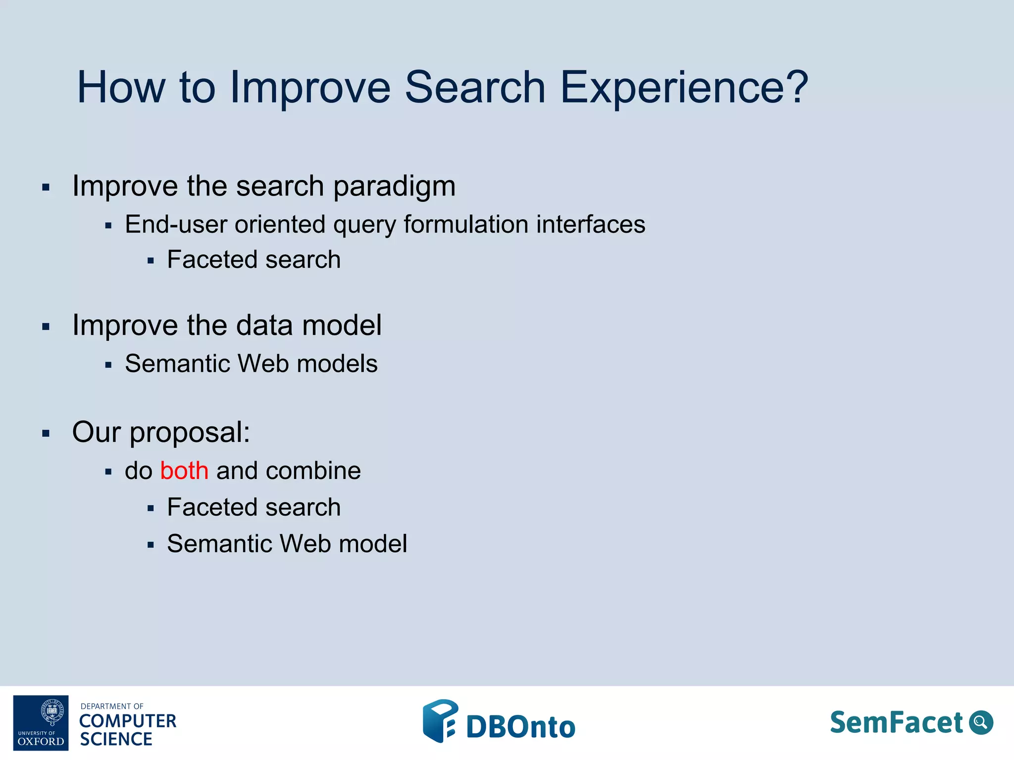 How to Improve Search Experience? 
§ Improve the search paradigm 
§ End-user oriented query formulation interfaces 
§ Faceted search 
§ Improve the data model 
§ Semantic Web models 
§ Our proposal: 
§ do both and combine 
§ Faceted search 
§ Semantic Web model 
 