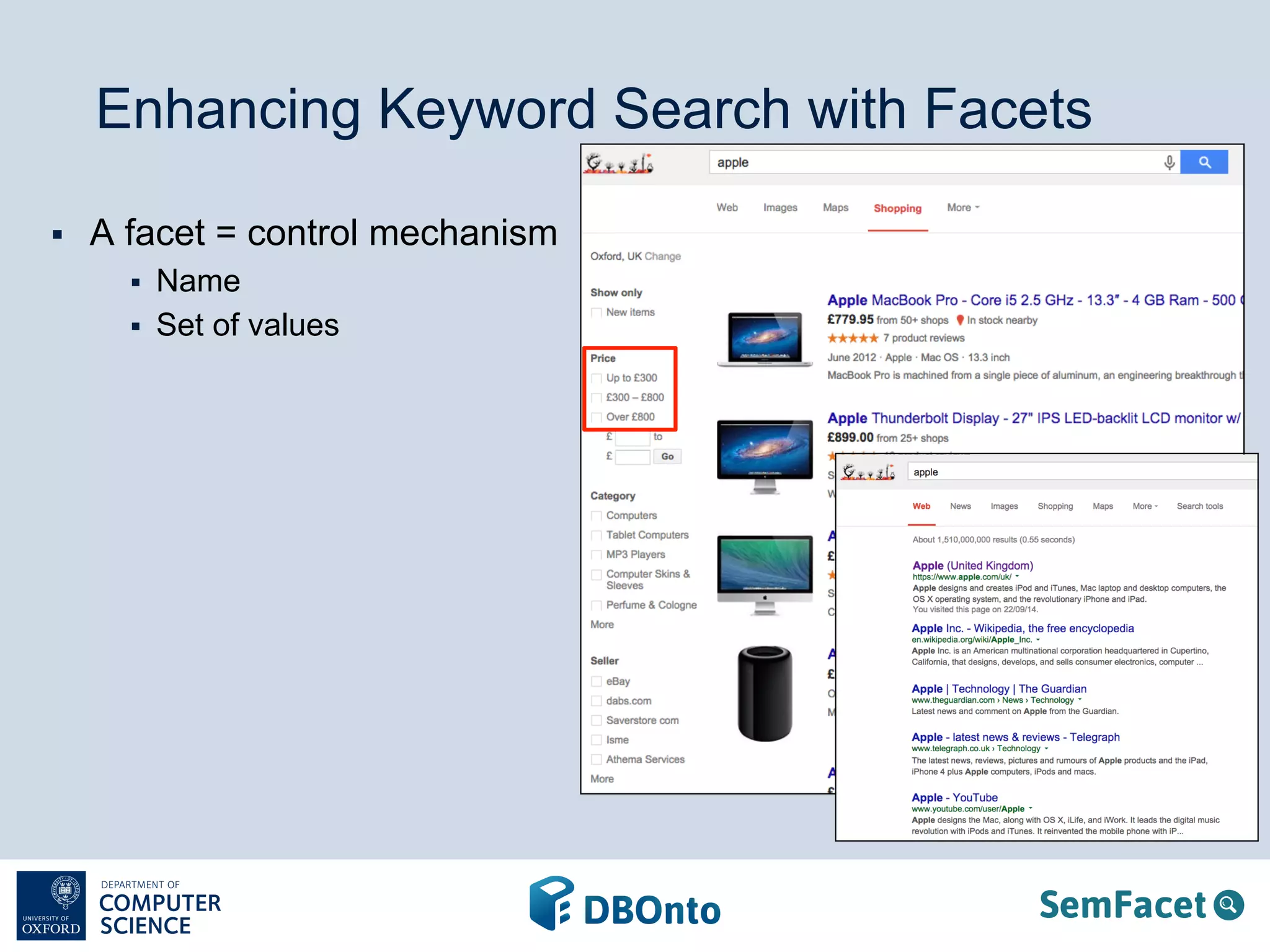 Enhancing Keyword Search with Facets 
§ A facet = control mechanism 
§ Name 
§ Set of values 
 
