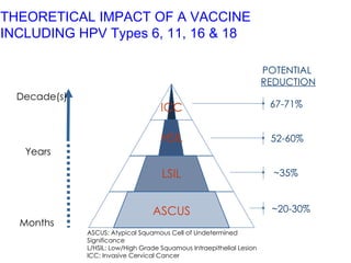 THEORETICAL IMPACT OF A VACCINE  INCLUDING HPV Types 6, 11, 16 & 18 67-71% 52-60% ~35% ~20-30% ASCUS: Atypical Squamous Ce...