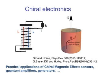 Chiral electronics! 
DK and H.Yee, Phys.Rev.B88(2013)115119;! 
G.Basar, DK and H.Yee, Phys.Rev.B89(2014)035142! 
Practical applications of Chiral Magnetic Effect: sensors,! 
quantum amplifiers, generators, …! 
 