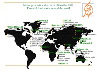 Islamic products and services offered by 600+  Financial Institutions around the world . United States: 20 -  Al Manzil Financial Services - American Finance House - Failaka Investments - HSBC  - Ameen Housing Cooperative Germany:4 - Bank Sepah - Commerz Bank - Deutsche Bank Switzerland: 6 UK: 26 - HSBC Amanah Finance  - Al Baraka International Ltd - Takafol UK Ltd - The Halal Mutual Investment Company - J Aron & Co Ltd (Goldman Sachs) Bahrain: 26   - Bahrain Islamic Bank - Al Baraka - ABC Islamic Bank  - CitiIslamic Investment Bank Malaysia: 49 2 - Pure Islamic Banks (Bank Islam, Bank Muamalat) Rest - conventional banks Saudi Arabia: 17 - Al Rajhi  - SAMBA - Saudi Hollandi  - Riyadh Bank   UAE: 13 - Dubai Islamic Bank - Abu Dhabi Islamic Bank - HSBC Amanah Qatar: 4 - Qatar Islamic Bank - Qatar International Islamic Kuwait: 9 - Kuwait Finance House Iran: 8 Egypt: 12 - Alwatany Bank of Egypt - Egyptian Saudi Finance  Indonesia: 4 Sudan: 9 Pakistan: 21 India: 3 Bangladesh:9 Turkey: 7 - Faisal Finance Institution - Ihlas Finance House Yemen: 5 
