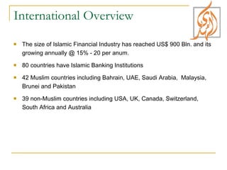 International Overview  The size of Islamic Financial Industry has reached US$ 900 Bln. and its growing annually @ 15% - 20 per anum. 80 countries have Islamic Banking Institutions  42 Muslim countries including Bahrain, UAE, Saudi Arabia,  Malaysia, Brunei and Pakistan 39 non-Muslim countries including USA, UK, Canada, Switzerland, South Africa and Australia 
