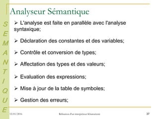 37
 L'analyse est faite en parallèle avec l'analyse
syntaxique;
 Déclaration des constantes et des variables;
 Contrôle et conversion de types;
 Affectation des types et des valeurs;
 Evaluation des expressions;
 Mise à jour de la table de symboles;
 Gestion des erreurs;
Analyseur Sémantique
S
E
M
A
N
T
I
Q
U
E 12/01/2016 Rélisation d'un interpréteur Khawarizmi
 