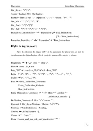 Compilateur KhawarizmiKhawarizmi
21
Opr_Signe = "+" | "-".
Terme = Facteur {Opr_Mul Facteur}.
Facteur = Ident | Const | ")" Expression "(" | "!" " Facteur | " ‫"ﻧﻌﻢ‬ | "‫."ﻻ‬
Opr_Mul = "*" | "÷" | "%" | "&".
Opr_Add = "+" | "-" | "|".
Opr_Rel = "<" | ">" | "»" | "«" | "~" | "#".
Instruction_Conditionelle = " ‫اذا‬ " Expression "‫"ﻓﺎن‬ Bloc_Instructions
["‫واﻻ‬ " Bloc_Instructions].
Instuction_Repetition = " ‫ﺑﯿﻨﻤﺎ‬ " Expression " ‫ﻗﻢ‬ " Bloc_Instructions.
Règles de la grammaire
Après la définition des règles EBNF de la grammaire du Khawarizmi, en doit les
transformer en des règles classique à fin de construire les ensembles premier et suivant.
Programme  " ‫ﺑﺮﻧﺎﻣﺞ‬ " Ident "‫"؛‬ Bloc ".".
Ident  Lettre Lett_Chiff.
Lett_Chiff  Lettre Lett_Chiff / Chiffre Lett_Chiff.
Lettre  "A" / "B" / ... / "Z" / "a" / "b" / ... / "z" / " ‫ا‬ " /... / " ‫ي‬ " / "_".
Chiffre "0" / "1" / ... / "9".
Bloc  Partie_Declaration_Constantes
Partie_Declaration_Variables
Bloc_Instructions.
Partie_Declaration_Constantes  "‫ﺛﺎﺑﺖ‬" Ident "=" Constant "‫"؛‬
Deffinition_Constante / ξ.
Deffinition_Constante  Ident "=" Constant "‫."؛‬
Constant  Opr_Signe Nombres / Chaine / "‫"ﻧﻌﻢ‬ / "‫."ﻻ‬
Nombres  Chiffre Nombres / Nombre.
Nombre  Chiffre Nombres / ξ.
Chaine  ' " ' Carac ' " '.
Carac  carac_qeul_que_soit_sauf_apostrophe / " '' " /
 