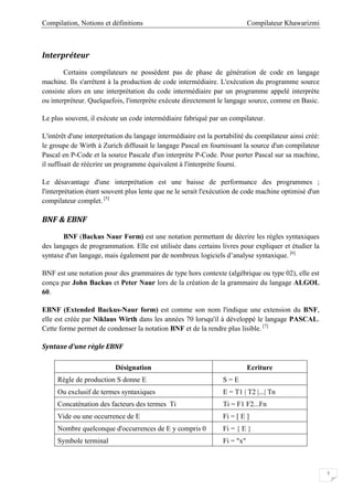 Compilateur KhawarizmiCompilation, Notions et définitions
7
Interpréteur
Certains compilateurs ne possèdent pas de phase de génération de code en langage
machine. Ils s'arrêtent à la production de code intermédiaire. L'exécution du programme source
consiste alors en une interprétation du code intermédiaire par un programme appelé interprète
ou interpréteur. Quelquefois, l'interprète exécute directement le langage source, comme en Basic.
Le plus souvent, il exécute un code intermédiaire fabriqué par un compilateur.
L'intérêt d'une interprétation du langage intermédiaire est la portabilité du compilateur ainsi créé:
le groupe de Wirth à Zurich diffusait le langage Pascal en fournissant la source d'un compilateur
Pascal en P-Code et la source Pascale d'un interprète P-Code. Pour porter Pascal sur sa machine,
il suffisait de réécrire un programme équivalent à l'interprète fourni.
Le désavantage d'une interprétation est une baisse de performance des programmes ;
l'interprétation étant souvent plus lente que ne le serait l'exécution de code machine optimisé d'un
compilateur complet. [5]
BNF & EBNF
BNF (Backus Naur Form) est une notation permettant de décrire les règles syntaxiques
des langages de programmation. Elle est utilisée dans certains livres pour expliquer et étudier la
syntaxe d'un langage, mais également par de nombreux logiciels d’analyse syntaxique. [6]
BNF est une notation pour des grammaires de type hors contexte (algébrique ou type 02), elle est
conçu par John Backus et Peter Naur lors de la création de la grammaire du langage ALGOL
60.
EBNF (Extended Backus-Naur form) est comme son nom l'indique une extension du BNF,
elle est créée par Niklaus Wirth dans les années 70 lorsqu'il à développé le langage PASCAL.
Cette forme permet de condenser la notation BNF et de la rendre plus lisible. [7]
Syntaxe d'une règle EBNF
Désignation Ecriture
Règle de production S donne E S = E
Ou exclusif de termes syntaxiques E = T1 | T2 |...| Tn
Concaténation des facteurs des termes Ti Ti = F1 F2...Fn
Vide ou une occurrence de E Fi = [ E ]
Nombre quelconque d'occurrences de E y compris 0 Fi = { E }
Symbole terminal Fi = "x"
 