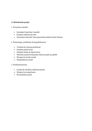 1.4 Rekabentuk projek

1. Pernyataan masalah

   •   Kenalpasti keperluan/ masalah
   •   Kumpul maklumat & data
   •   Senaraikan alternatif/ idea penyeselaian dalam bentuk lakaran

2. Perancangan, pembinaan & pengubahsuaian

   •   Tentukan & rancang pembinaan
   •   Sediakan jadual kerja
   •   Sediakan bahan & alatan/mesin
   •   Membina projek berdasarkan lukisan projek yg dipilih
   •   Menguji & menilai projek
   •   Mengubahsuai projek

3. Pendokumentasian

   •   kumpul & rekodkan maklumat projek
   •   Mengira kos pengeluaran
   •   Persembahan projek
 