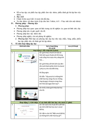 Hồ sơ học tập: các phiếu học tập, phiếu làm việc nhóm, phiếu đánh giá bài tập làm việc
nhóm, …
2. Học sinh
 Chuẩn bị bài ancol (tiết 2) trước khi đến lớp..
 Tự chia nhóm với nhau trước (Lớp chia làm 5 nhóm, từ 8 – 9 học sinh trên một nhóm)
IV. Phương pháp – Phương tiện
1. Phương pháp:
 Phương pháp trực quan: quan sát hiện tượng các thí nghiệm ảo, quan sát hình ảnh, clip.
 Phương pháp nêu và giải quyết vấn đề.
 Phương pháp làm việc nhóm nhỏ.
 Phương pháp nghiên cứu mô phỏng thí nghiệm.
2. Phương tiện: Phối hợp các phương tiện dạy học như máy chiếu, bảng, phấn, phiếu
học tập, phiếu tiêu chí đánh giá bài tập nhóm.
V. Tổ chức hoạt động dạy học
Hình ảnh slide Gợi ý hoạt động
GV và HS
Lưu ý kĩ thuật
Hoạt động 1. Dẫn nhập bài (2 phút)
1 GV: giới thiệunhanhvề mộtvài
hình ảnh quenthuộcvới HS trong
cuộc sống nhưrượu nho,xăngsinh
học, …
GV: giới thiệuvề hìnhảnhcủa đèn
cồn (với thànhphầnchính là etanol
) phụcvụ cho việcđốt cháy.
HS lắng nghe.
GV dẫn: “Vậyancol có nhữngtính
chất hóa học cũng nhưcó những
ứng dụnggì, chúng ta cùng nhau
tìm hiểubài ngày hômnay!”.
2 GV chiếuvideogiới thiệubài học
cho HS.
Hoạt động 2. Giới thiệu về các tính chất hóa học của ancol (1 phút)
3 GV: lầnlượtclickchuột để xuấthiện
các tính chất hóa học của 1 ancol
bất kỳ.
GV: đặt ra câu hỏi “Một ancol bất kỳ
có nhữngtính chất hóahọc gì?”.
 