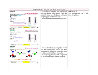 HOẠT ĐỘNG 4.2. Tìm hiểu tính chuất của chức amin
Slide 28:
Slide 29:
Slide 30:
- Từ những dự đoán bên trên, GV cho HS
xem thí nghiệm kiểm chứng. Trước khi
xem, GV chiếu một số yêu cầu trên slide
bài giảng, yêu cầu HS thực hiện.
- HS: xem thí nghiệm và phát biểu ý kiến.
- GV yêu cầu HS viết phương trình phân li
của NH3 trong nước. Từ đó suy đoán
phương trình phân li của amin trong nước
 chứng minh tính bazơ của anilin.
GV: mô phỏng phương trình bằng sơ đồ,
có sự di chuyển, ghép nối ion- phân tử.
Slide 28 và 29
- GV bấm vào nút clip  xuất
hiện thí nghiệm.
 
