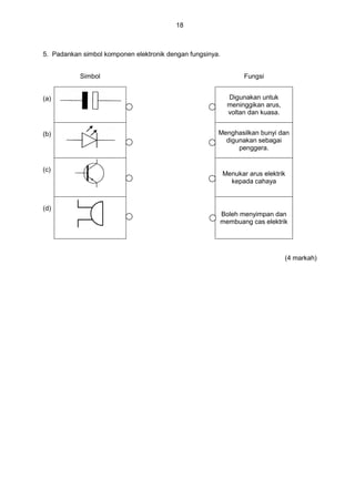 18
5. Padankan simbol komponen elektronik dengan fungsinya.
Simbol Fungsi
(a) Digunakan untuk
meninggikan arus,
voltan dan kuasa.
(b) Menghasilkan bunyi dan
digunakan sebagai
penggera.
(c)
Menukar arus elektrik
kepada cahaya
(d)
Boleh menyimpan dan
membuang cas elektrik
(4 markah)
 