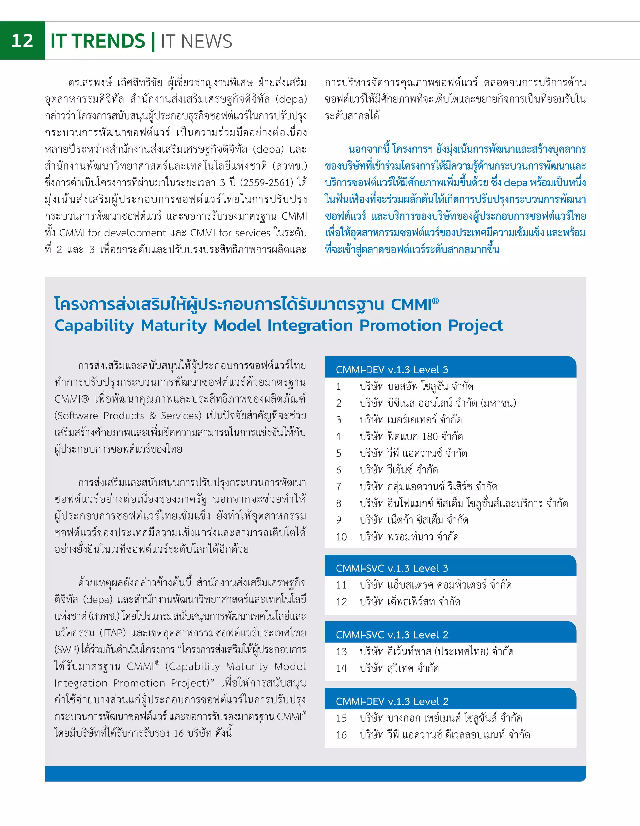 IT TRENDS | IT NEWS12
ดร.สุรพงษ์ เลิศสิทธิชัย ผู้เชี่ยวชาญงานพิเศษ ฝ่ายส่งเสริม
อุตสาหกรรมดิจิทัล ส�ำนักงานส่งเสริมเศรษฐกิจดิจิทัล (depa)
กล่าวว่าโครงการสนับสนุนผู้ประกอบธุรกิจซอฟต์แวร์ในการปรับปรุง
กระบวนการพัฒนาซอฟต์แวร์ เป็นความร่วมมืออย่างต่อเนื่อง
หลายปีระหว่างส�ำนักงานส่งเสริมเศรษฐกิจดิจิทัล (depa) และ
ส�ำนักงานพัฒนาวิทยาศาสตร์และเทคโนโลยีแห่งชาติ (สวทช.)
ซึ่งการด�ำเนินโครงการที่ผ่านมาในระยะเวลา 3 ปี (2559-2561) ได้
มุ่งเน้นส่งเสริมผู้ประกอบการซอฟต์แวร์ไทยในการปรับปรุง
กระบวนการพัฒนาซอฟต์แวร์ และขอการรับรองมาตรฐาน CMMI
ทั้ง CMMI for development และ CMMI for services ในระดับ
ที่ 2 และ 3 เพื่อยกระดับและปรับปรุงประสิทธิภาพการผลิตและ
การส่งเสริมและสนับสนุนให้ผู้ประกอบการซอฟต์แวร์ไทย
ท�ำการปรับปรุงกระบวนการพัฒนาซอฟต์แวร์ด้วยมาตรฐาน
CMMI® เพื่อพัฒนาคุณภาพและประสิทธิภาพของผลิตภัณฑ์
(Software Products & Services) เป็นปัจจัยส�ำคัญที่จะช่วย
เสริมสร้างศักยภาพและเพิ่มขีดความสามารถในการแข่งขันให้กับ
ผู้ประกอบการซอฟต์แวร์ของไทย
การส่งเสริมและสนับสนุนการปรับปรุงกระบวนการพัฒนา
ซอฟต์แวร์อย่างต่อเนื่องของภาครัฐ นอกจากจะช่วยท�ำให้
ผู้ประกอบการซอฟต์แวร์ไทยเข้มแข็ง ยังท�ำให้อุตสาหกรรม
ซอฟต์แวร์ของประเทศมีความแข็งแกร่งและสามารถเติบโตได้
อย่างยั่งยืนในเวทีซอฟต์แวร์ระดับโลกได้อีกด้วย
ด้วยเหตุผลดังกล่าวข้างต้นนี้ ส�ำนักงานส่งเสริมเศรษฐกิจ
ดิจิทัล (depa) และส�ำนักงานพัฒนาวิทยาศาสตร์และเทคโนโลยี
แห่งชาติ(สวทช.)โดยโปรแกรมสนับสนุนการพัฒนาเทคโนโลยีและ
นวัตกรรม (ITAP) และเขตอุตสาหกรรมซอฟต์แวร์ประเทศไทย
(SWP)ได้ร่วมกันด�ำเนินโครงการ“โครงการส่งเสริมให้ผู้ประกอบการ
ได้รับมาตรฐาน CMMI®
(Capability Maturity Model
Integration Promotion Project)” เพื่อให้การสนับสนุน
ค่าใช้จ่ายบางส่วนแก่ผู้ประกอบการซอฟต์แวร์ในการปรับปรุง
กระบวนการพัฒนาซอฟต์แวร์และขอการรับรองมาตรฐานCMMI®
โดยมีบริษัทที่ได้รับการรับรอง 16 บริษัท ดังนี้
การบริหารจัดการคุณภาพซอฟต์แวร์ ตลอดจนการบริการด้าน
ซอฟต์แวร์ให้มีศักยภาพที่จะเติบโตและขยายกิจการเป็นที่ยอมรับใน
ระดับสากลได้
นอกจากนี้ โครงการฯ ยังมุ่งเน้นการพัฒนาและสร้างบุคลากร
ของบริษัทที่เข้าร่วมโครงการให้มีความรู้ด้านกระบวนการพัฒนาและ
บริการซอฟต์แวร์ให้มีศักยภาพเพิ่มขึ้นด้วยซึ่งdepaพร้อมเป็นหนึ่ง
ในฟันเฟืองที่จะร่วมผลักดันให้เกิดการปรับปรุงกระบวนการพัฒนา
ซอฟต์แวร์ และบริการของบริษัทของผู้ประกอบการซอฟต์แวร์ไทย
เพื่อให้อุตสาหกรรมซอฟต์แวร์ของประเทศมีความเข้มแข็งและพร้อม
ที่จะเข้าสู่ตลาดซอฟต์แวร์ระดับสากลมากขึ้น
โครงการส่งเสริมให้ผู้ประกอบการได้รับมาตรฐาน CMMI®
Capability Maturity Model Integration Promotion Project
CMMI-DEV v.1.3 Level 3
1	 บริษัท บอสอัพ โซลูชั่น จ�ำกัด
2	 บริษัท บิซิเนส ออนไลน์ จ�ำกัด (มหาชน)
3	 บริษัท เมอร์เคเทอร์ จ�ำกัด
4	 บริษัท ฟีดแบค 180 จ�ำกัด
5	 บริษัท วีพี แอดวานซ์ จ�ำกัด
6	 บริษัท วีเจ้นซ์ จ�ำกัด
7	 บริษัท กลุ่มแอดวานซ์ รีเสิร์ช จ�ำกัด
8	 บริษัท อินโฟแมกซ์ ซิสเต็ม โซลูชั่นส์และบริการ จ�ำกัด
9	 บริษัท เน็ตก้า ซิสเต็ม จ�ำกัด
10	 บริษัท พรอมท์นาว จ�ำกัด
CMMI-SVC v.1.3 Level 3
11	 บริษัท แอ็บสแตรค คอมพิวเตอร์ จ�ำกัด
12	 บริษัท เด็พธเฟิร์สท จ�ำกัด
CMMI-SVC v.1.3 Level 2
13	 บริษัท อีเว้นท์พาส (ประเทศไทย) จ�ำกัด
14	 บริษัท สุวิเทค จ�ำกัด
CMMI-DEV v.1.3 Level 2
15	 บริษัท บางกอก เพย์เมนต์ โซลูชันส์ จ�ำกัด
16	 บริษัท วีพี แอดวานซ์ ดีเวลลอปเมนท์ จ�ำกัด
 
