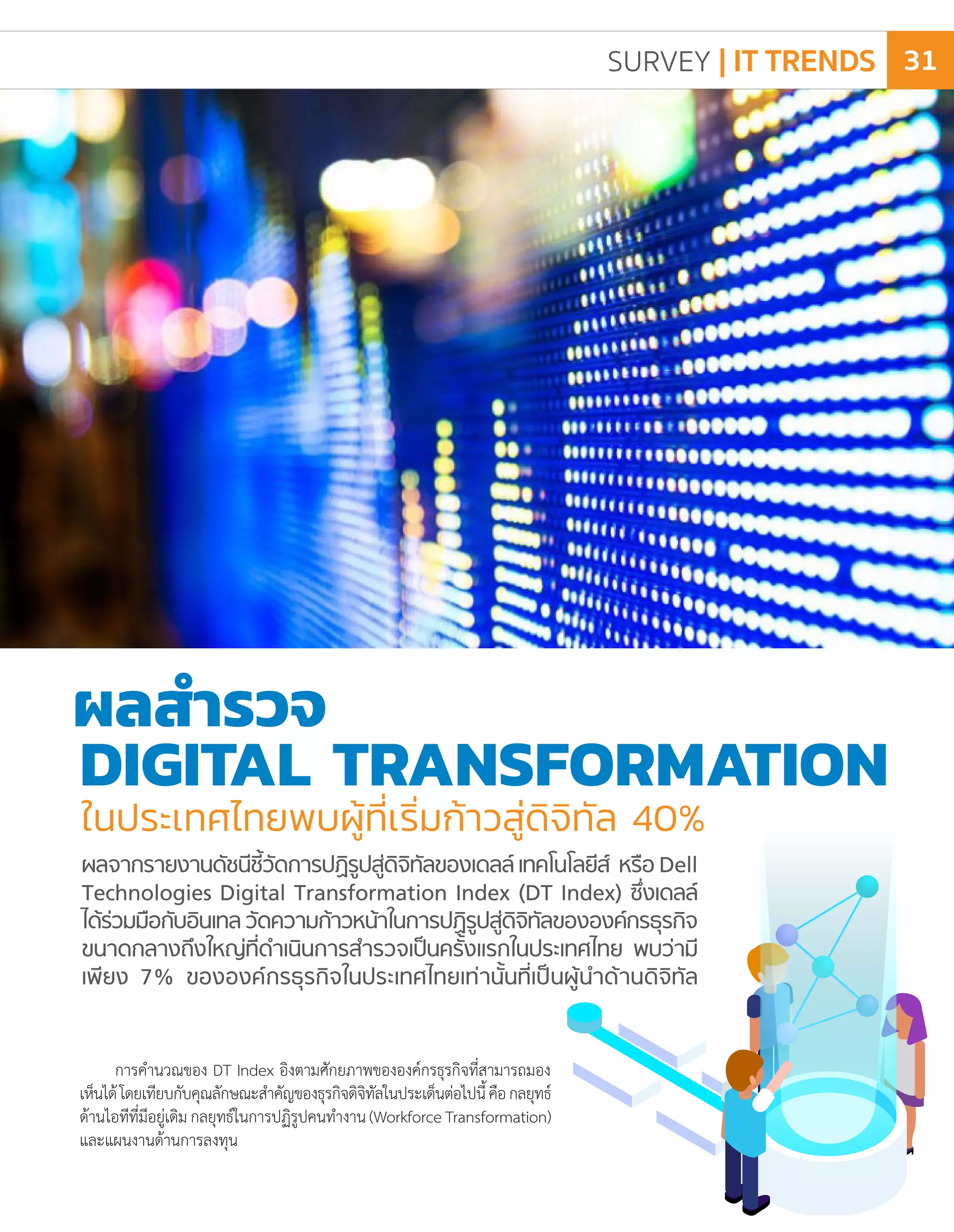 ในประเทศไทยพบผู้ที่เริ่มก้าวสู่ดิจิทัล 40%
DIGITAL TRANSFORMATION
ผลส�ำรวจ
การค�ำนวณของ DT Index อิงตามศักยภาพขององค์กรธุรกิจที่สามารถมอง
เห็นได้โดยเทียบกับคุณลักษณะส�ำคัญของธุรกิจดิจิทัลในประเด็นต่อไปนี้คือกลยุทธ์
ด้านไอทีที่มีอยู่เดิมกลยุทธ์ในการปฏิรูปคนท�ำงาน(WorkforceTransformation)
และแผนงานด้านการลงทุน
SURVEY | IT TRENDS 31
 