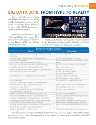 BIG DATA 2018: FROM HYPE TO REALITY
นับเป็นความส�ำเร็จอีกประการของสถาบัน
ไอเอ็มซีที่ได้จัดงานประจ�ำปีด้าน Big Data ครั้งใหญ่
ภายใต้ชื่อ“BigData2018:FromHypetoReality”
เมื่อวันที่ 10-11 กรกฎาคม ที่ผ่านมา มีผู้เข้าร่วมงาน
ราว 200 คน ภายในงานได้รับเกียรติจากวิทยากรมาก
ประสบการณ์จ�ำนวนมากร่วมบรรยาย
โดยองค์ประกอบของเนื้อหาสร้างความรู้ความ
เข้าใจอย่างถ่องแท้ตั้งแต่การเริ่มท�ำ Big Data วิธีการ
และข้อมูลที่ต้องค�ำนึงถึง ไปจนถึงแนวทางการท�ำ
Big Data ที่ได้ผ่านการปฏิบัติจริง และการน�ำข้อมูล
ไปใช้ให้เกิดประโยชน์ทางธุรกิจ
ในโอกาสนี้นิตยสาร IT Trends จึงหยิบยกบางหัวข้อมาถ่ายทอด ประกอบด้วย Government Big Data 4.0 โดย ดร.ศักดิ์ เสกขุนทด,
Big Data & AI : Future of Thailand โดย รศ.ดร.ธนชาติ นุ่มนนท์ และ Big Data Use Cases in Real Estate คุณโกเมษ จันทวิมล โดยมี
รายละเอียดต่อเนื่องจากนี้ไป
ชื่อวิทยากร
ดร.ศักดิ์ เสกขุนทด ผู้อ�ำนวยการ สํานักงานพัฒนารัฐบาลดิจิทัล (องค์การมหาชน)
สพร. (DGA)
พันเอก ดร.เศรษฐพงค์ มะลิสุวรรณ ประธาน กทค. และรองประธาน กสทช.
Ms.Tidaporn Santimanawong
ASEAN Director, Sales Consulting, Oracle Corporation
Mr.John f.x. Berns, Chief Data and Analytics Officer, Central group
ศ.ดร.ธนารักษ์ ธีระมั่นคง นายกสมาคมปัญญาประดิษฐ์ประเทศไทย
ผศ.ดร.ภุชงค์ อุทโยภาศ รองอธิการบดีฝ่ายสารสนเทศ มหาวิทยาลัยเกษตรศาสตร์
รศ.ดร.ธนชาติ นุ่มนนท์ ผู้อ�ำนวยการ สถาบันไอเอ็มซี
คุณเอกอนันต์ ทองแท้ Senior Big Data Consultant สถาบันไอเอ็มซี
คุณศุภชัย สัจไพบูลย์กิจ
คณะกรรมการ Creative Digital Economy สภาหอการค้าแห่งประเทศไทย
Mr.Andrew Haschka, Director - Data Centre Virtualization,
Asia Pacific and Japan, VMware
คุณวีระศักดิ์ กฤษณประพันธ์ ผู้ช่วยผู้อํานวยการใหญ่ ฝ่ายสารสนเทศ
บริษัท กรุงเทพดุสิตเวชการ จํากัด (มหาชน)
คุณโกเมษ จันทวิมล Chief Data Strategist บริษัท แสนสิริ จ�ำกัด (มหาชน)
คุณสันติสุข ลิ้มปีติเจริญโชติ กรรมการผู้จัดการ บริษัท เอส เทลลิเจนซ์ จ�ำกัด
คุณอนพัทย์ พิพัฒน์กิติบดี Technical Manager บริษัท เอส เทลลิเจนซ์ จ�ำกัด
คุณพีรพัฒน์ อโศกธรรมรังสี Software Engineer บริษัท เอวาแอดไวเซอรี่ จ�ำกัด
คุณกิตติรักษ์ ม่วงมิ่งสุข นายกสมาคมศึกษาและพัฒนาโอเพ่นซอร์ส
ดร.ทนุสิทธิ์ สกุณวัฒน์ Operation Director Vintcom Technology Public
Co.,Ltd. & (CLM) Managing Director, Vintcom Myanmar
คุณวิชัย วรธานีวงศ์ ที่ปรึกษารายการทีวี ไอที 24 ชั่วโมง
หัวข้อการบรรยาย
Government Big Data 4.0
Big Data Impacts on Digital Transformation
Big Data Use Cases in ASEAN - Key Success or Failure
Factors
Big Data Use Cases in Retail Industry: Central group
Machine Learning in Practice
Big Data: Human Resources
Big Data & AI : Future of Thailand
Big Data Strategy Workshop
Introduction to Big Data Technology
Big Data Jumpstart on Cloud Workshop
Big Data Benefits for Network Infrastructure
BestPracticeofRunningBigDataSoftwareDefineData
Center (SDDC) and Hybrid Cloud Environment
Big Data use case in Healthcare
Big Data use case in Real Estate
PanelDiscussion:BigDataImplementationLessonLearn
Data Visualisation in Practice
Panel Discussion: Big Data Technology Comparison
Panel Discussion: Big Data Technology Comparison
PanelDiscussion:BigDataImplementationLessonLearn
PanelDiscussion:BigDataImplementationLessonLearn
วิทยากรและหัวข้อการบรรยาย ประกอบด้วย
การอบรมแบ่งเป็น 2 กลุ่ม คือ ด้านธุรกิจ เน้นการวางกลยุทธ์และแผนในการใช้
Big Data เพื่อตอบโจทย์ทางธุรกิจและด้านเทคนิค ลงลึกเครื่องมือ และเปรียบเทียบ
เทคโนโลยีในการท�ำ Big Data เช่น การพัฒนา Data Lake เป็นต้น
HOT ISSUE | IT TRENDS 15
 
