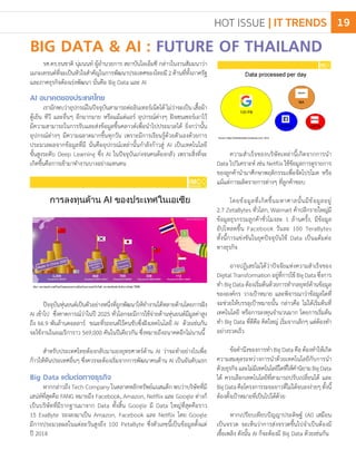 BIG DATA & AI : FUTURE OF THAILAND
รศ.ดร.ธนชาติ นุ่มนนท์ ผู้อ�ำนวยการ สถาบันไอเอ็มซี กล่าวในงานสัมมนาว่า
เมกะเทรนด์ที่จะเป็นหัวใจส�ำคัญในการพัฒนาประเทศของไทยมี2ด้านที่ทั้งภาครัฐ
และภาคธุรกิจต้องเร่งพัฒนา นั่นคือ Big Data และ AI
AI อนาคตของประเทศไทย
เรามักพบว่าอุปกรณ์ในปัจจุบันสามารถต่ออินเทอร์เน็ตได้ไม่ว่าจะเป็นเสื้อผ้า
ตู้เย็น ทีวี และอื่นๆ อีกมากมาย หรือแม้แต่แอร์ อุปกรณ์ต่างๆ ฝังเซนเซอร์เอาไว้
มีความสามารถในการรับและส่งข้อมูลขึ้นคลาวด์เพื่อน�ำไปประมวลได้ ยิ่งกว่านั้น
อุปกรณ์ต่างๆ มีความฉลาดมากขึ้นทุกวัน เพราะมีการเรียนรู้ด้วยตัวเองด้วยการ
ประมวลผลจากข้อมูลที่มี นั่นคืออุปกรณ์เหล่านั้นก�ำลังก้าวสู่ AI เป็นเทคโนโลยี
ขั้นสูงระดับ Deep Learning ซึ่ง AI ในปัจจุบันเก่งจนคนต้องกลัว เพราะสิ่งที่จะ
เกิดขึ้นคือการเข้ามาท�ำงานบางอย่างแทนคน
ความส�ำเร็จของบริษัทเหล่านี้เกิดจากการน�ำ
Data ไปวิเคราะห์ เช่น Netflix ใช้ข้อมูลการดูรายการ
ของลูกค้าน�ำมาศึกษาพฤติกรรมเพื่อจัดโปรโมต หรือ
แม้แต่การผลิตรายการต่างๆ ที่ลูกค้าชอบ
โดยข้อมูลที่เกิดขึ้นมหาศาลนั้นมีข้อมูลอยู่
2.7 ZetaBytes ทั่วโลก, Walmart ค้าปลีกรายใหญ่มี
ข้อมูลธุรกรรมลูกค้าชั่วโมงละ 1 ล้านครั้ง, มีข้อมูล
อัปโหลดขึ้น Facebook วันละ 100 TeraBytes
ทั้งนี้การแข่งขันในยุคปัจจุบันใช้ Data เป็นแต้มต่อ
ทางธุรกิจ
อาจปฏิเสธไม่ได้ว่าปัจจัยแห่งความส�ำเร็จของ
DigitalTransformationอยู่ที่การใช้BigDataซึ่งการ
ท�ำ Big Data ต้องเริ่มต้นด้วยการท�ำกลยุทธ์ด้านข้อมูล
ขององค์กร วางเป้าหมาย และพิจารณาว่าข้อมูลใดที่
จะช่วยให้บรรลุเป้าหมายนั้น กล่าวคือ ไม่ได้เริ่มต้นที่
เทคโนโลยี หรือการลงทุนจ�ำนวนมาก โดยการเริ่มต้น
ท�ำ Big Data ที่ดีคือ คิดใหญ่ เริ่มจากเล็กๆ แต่ต้องท�ำ
อย่างรวดเร็ว
ข้อค�ำนึงของการท�ำ Big Data คือ ต้องท�ำให้เกิด
ความสมดุลระหว่างการน�ำด้วยเทคโนโลยีกับการน�ำ
ด้วยธุรกิจและไม่มีเทคโนโลยีใดที่ให้ค�ำนิยามBigData
ได้ ควรเลือกเทคโนโลยีที่สามารถปรับเปลี่ยนได้ และ
BigDataคือโครงการระยะยาวที่ไม่ได้จบลงง่ายๆทั้งนี้
ต้องตั้งเป้าหมายที่เป็นไปได้ด้วย
หากเปรียบเทียบปัญญาประดิษฐ์ (AI) เสมือน
เป็นจรวด จะเห็นว่าการส่งจรวดขึ้นไปจ�ำเป็นต้องมี
เชื้อเพลิง ดังนั้น AI ก็จะต้องมี Big Data ด้วยเช่นกัน
ปัจจุบันหุ่นยนต์เป็นตัวอย่างหนึ่งที่ถูกพัฒนาให้ท�ำงานได้หลายด้านโดยการฝัง
AI เข้าไป ซึ่งคาดการณ์ว่าในปี 2025 ทั่วโลกจะมีการใช้จ่ายด้านหุ่นยนต์มีมูลค่าสูง
ถึง 66.9 พันล้านดอลลาร์ ขณะที่รถยนต์ไร้คนขับซึ่งฝังเทคโนโลยี AI ด้วยเช่นกัน
จะใช้งานในอเมริการาว 569,000 คันในปีเดียวกัน ซึ่งหมายถึงอนาคตอีกไม่นานนี้
ส�ำหรับประเทศไทยต้องกลับมามองยุทธศาตร์ด้าน AI ว่าจะท�ำอย่างไรเพื่อ
ก้าวให้ทันประเทศอื่นๆ ซึ่งควรจะต้องเริ่มจากการพัฒนาคนด้าน AI เป็นอันดับแรก
Big Data แต้มต่อทางธุรกิจ
หากกล่าวถึง Tech Company ในตลาดหลักทรัพย์แนสแด็ก พบว่าบริษัทที่มี
เสน่ห์ที่สุดคือ FANG หมายถึง Facebook, Amazon, Netflix และ Google ต่างก็
เป็นบริษัทที่มีรากฐานมาจาก Data ทั้งสิ้น Google มี Data ใหญ่ที่สุดคือราว
15 ExaByte รองลงมาเป็น Amazon, Facebook และ Netflix โดย Google
มีการประมวลผลในแต่ละวันสูงถึง 100 PetaByte ซึ่งตัวเลขนี้เป็นข้อมูลตั้งแต่
ปี 2014
HOT ISSUE | IT TRENDS 19
 