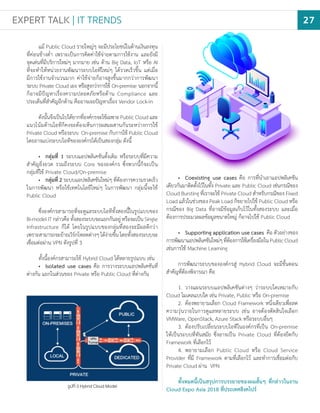 •	 Coexisting use cases คือ การที่น�ำเอาแอปพลิเคชัน
เดียวกันมาติดตั้งไว้ในทั้ง Private และ Public Cloud เช่นกรณีของ
Cloud Bursting ที่เราจะใช้ Private Cloud ส�ำหรับกรณีของ Fixed
Load แล้วในช่วงของ Peak Load ก็ขยายไปใช้ Public Cloud หรือ
กรณีของ Big Data ที่อาจมีข้อมูลเก็บไว้ในทั้งสองระบบ และเมื่อ
ต้องการประมวลผลข้อมูลขนาดใหญ่ ก็อาจไปใช้ Public Cloud
•	 Supporting application use cases คือ ตัวอย่างของ
การพัฒนาแอปพลิเคชันใหม่ๆที่ต้องการใช้เครื่องมือในPublicCloud
เช่นการใช้ Machine Learning
การพัฒนาระบบขององค์กรสู่ Hybrid Cloud จะมีขั้นตอน
ส�ำคัญที่ต้องพิจารณา คือ
1.	 วางแผนระบบแอปพลิเคชันต่างๆ ว่าระบบใดเหมาะกับ
Cloud โมเดลแบบใด เช่น Private, Public หรือ On-premise
2.	 ต้องพยายามเลือก Cloud Framework หนึ่งเดียวเพื่อลด
ความวุ่นวายในการดูแลหลายระบบ เช่น อาจต้องตัดสินใจเลือก
VMWare, OpenStack, Azure Stack หรือระบบอื่นๆ
3.	 ต้องปรับเปลี่ยนระบบไอทีในองค์กรที่เป็น On-premise
ให้เป็นระบบที่ทันสมัย ซึ่งอาจเป็น Private Cloud ที่ต้องยึดกับ
Framework ที่เลือกไว้
4.	 พยายามเลือก Public Cloud หรือ Cloud Service
Provider ที่มี Framework ตามที่เลือกไว้ และท�ำการเชื่อมต่อกับ
Private Cloud ผ่าน VPN
ทั้งหมดนี้เป็นสรุปการบรรยายของผมสั้นๆ ที่กล่าวในงาน
Cloud Expo Asia 2018 ที่ประเทศสิงคโปร์
แม้ Public Cloud รายใหญ่ๆ จะมีประโยชน์ในด้านเงินลงทุน
ที่ค่อนข้างต�่ำ เพราะเป็นการคิดค่าใช้จ่ายตามการใช้งาน และยังมี
จุดเด่นที่มีบริการใหม่ๆ มากมาย เช่น ด้าน Big Data, IoT หรือ AI
ที่จะท�ำให้หน่วยงานพัฒนาระบบไอทีใหม่ๆ ได้รวดเร็วขึ้น แต่เมื่อ
มีการใช้งานจ�ำนวนมาก ค่าใช้จ่ายก็อาจสูงขึ้นมากกว่าการพัฒนา
ระบบ Private Cloud เอง หรือสูงกว่าการใช้ On-premise นอกจากนี้
ก็อาจมีปัญหาเรื่องความปลอดภัยหรือด้าน Compliance และ
ประเด็นที่ส�ำคัญอีกด้าน คืออาจเจอปัญหาเรื่อง Vendor Lock-in
ดังนั้นจึงเป็นไปได้ยากที่องค์กรจะใช้เฉพาะPublicCloudและ
แนวโน้มด้านไอทีก็คงจะต้องเห็นการผสมผสานกันระหว่างการใช้
Private Cloud หรือระบบ On-premise กับการใช้ Public Cloud
โดยอาจแบ่งระบบไอทีขององค์กรได้เป็นสองกลุ่ม ดังนี้
•	 กลุ่มที่ 1 ระบบแอปพลิเคชันดั้งเดิม หรือระบบที่มีความ
ส�ำคัญยิ่งยวด รวมถึงระบบ Core ขององค์กร ซึ่งพวกนี้ก็จะเป็น
กลุ่มที่ใช้ Private Cloud/On-premise
•	 กลุ่มที่ 2 ระบบแอปพลิเคชันใหม่ๆ ที่ต้องการความรวดเร็ว
ในการพัฒนา หรือใช้เทคโนโลยีใหม่ๆ ในการพัฒนา กลุ่มนี้จะใช้
Public Cloud
ซึ่งองค์กรสามารถที่จะดูแลระบบไอทีทั้งสองนี้ในรูปแบบของ
Bi-modelITกล่าวคือทั้งสองระบบจะแยกกันอยู่หรือจะเป็นSingle
Infrastructure ก็ได้ โดยในรูปแบบของกลุ่มที่สองจะมีผลดีกว่า
เพราะสามารถจะย้ายเวิร์กโหลดต่างๆได้ง่ายขึ้นโดยทั้งสองระบบจะ
เชื่อมต่อผ่าน VPN ดังรูปที่ 3
ทั้งนี้องค์กรสามารถใช้ Hybrid Cloud ได้หลายรูปแบบ เช่น
•	 Isolated use cases คือ การวางระบบแอปพลิเคชันที่
ต่างกัน แยกในส่วนของ Private หรือ Public Cloud ที่ต่างกัน
รูปที่ 3 Hybrid Cloud Model
EXPERT TALK | IT TRENDS 27
 