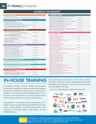 IT TRENDS | TRAINING38
สถาบันไอเอ็มซีให้บริการหลักสูตร IN-HOUSE TRAINING โดยออกแบบเนื้อหาให้
เหมาะกับความต้องการของแต่ละองค์กร ไม่ว่าจะเป็นความต้องการในระดับพื้นฐานระดับปฏิบัติการ
หรือระดับสูง ซึ่งสามารถเรียนรู้เฉพาะเจาะจงได้ตามเป้าหมายหลัก สถาบันมีหลักสูตรอบรม
เทคโนโลยีใหม่ๆ ที่องค์กรทั้งภาครัฐและเอกชนสามารถน�ำไปใช้เพิ่มประสิทธิภาพการท�ำงาน
คุณภาพของผลงานอันน�ำไปสู่การเพิ่มศักยภาพทางการแข่งขันในตลาดได้อย่างต่อเนื่อง
โดยมีทีมวิทยากรผู้ทรงคุณวุฒิในสาขาต่างๆ ร่วมถ่ายทอดความรู้และประสบการณ์
หลักสูตรที่เปิดให้บริการ และออกแบบเนื้อหาการเรียนการสอนให้กับองค์กร ได้แก่ IT
TRENDS, BIG DATA, CLOUD COMPUTING, ENTERPRISE ARCHITECTURE,
DIGITAL TRANSFORMATION, SOFTWARE DEVELOPMENT, AGILE
WORKSHOP, BLOCKCHAIN, MOBILE DEVELOPMENT, PROJECT
MANAGEMENT เป็นต้น
นอกจากนี้ ยังมีหลักสูตรทางด้านพัฒนาทักษะต่างๆ (SOFT SKILL) เช่น SALES
TECHNIQUE, IT LEADER AS A COACH, TIME MANAGEMENT, EFFECTIVE
NEGOTIATION SKILLS, PROMOTING IT SERVICE EXCELLENCE, BUILDING
HIGH PERFORMING TEAM อีกด้วย
IN-HOUSE TRAINING
สนใจจัดอบรมแบบ INHOUSE หรือสอบถามข้อมูลเพิ่มเติม ติดต่อ IMC INSTITUTE
คุณชลาลัย ใจหาญ (น�้ำ) CORPORATE TRAINING PROGRAM AND PROJECT CONSULTANT
MOBILE: 082-452-6464 E-MAIL: CHALALAI@IMCINSTITUTE.COM
ตัวอย่างหน่วยงานที่สถาบันให้การออกแบบเนื้อหาและท�ำการอบรม มีดังนี้
BIG DATA TRACK		
BIG DATA MODELING WITH NOSQL
INSTRUCTOR MR.AEKANUN THONGTAE AND MR. TEERACHAI LAOTHONG	 INTERMEDIATE		 3
CLOUD COMPUTING TRACK		
PRACTICAL AZURE WORKSHOP
INSTRUCTOR	MR. TEERACHAI LAOTHONG			INTERMEDIATE		3
ARCHITECTING WITH GOOGLE CLOUD PLATFORM
INSTRUCTOR	 ASSOC. PROF. DR. THANACHART NUMNONDA AND TEAM	 ADVANCE		 3
AZURE IOT, MACHINE LEARNING AND ADVANCED ANALYTICS
INSTRUCTOR	MR. TEERACHAI LAOTHONG			ADVANCE		3
IT ARCHITECTURE/STRATEGY TRACK		
ENTERPRISE ARCHITECTURE IN CLOUD ERA
INSTRUCTOR	 MR. DANAIRAT THANABODITHAMMACHARI AND	 INTERMEDIATE		 2
		 ASSOC. PROF. DR. THANACHART NUMNONDA	
SOA/SOA GOVERNANCE FOR EXECUTIVES
INSTRUCTOR	 MR. TEERACHAI LAOTHONG AND 		 INTERMEDIATE		 2
		 ASSOC. PROF. DR. THANACHART NUMNONDA	
IT ARCHITECTURE FOR THE FUTURE
INSTRUCTOR	MR. SUTUM CHAIYAWAT			INTERMEDIATE		2
SOA DESIGN PATTERNS
INSTRUCTOR	MR. TEERACHAI LAOTHONG			INTERMEDIATE		2
INTERNET OF THINGS (IOT) TRACK		
SMINGFRAMEWORK IOT DEVICE (ESP8266) (C++)
INSTRUCTOR	MR. SITTIPONG JANSORN			INTERMEDIATE		3
RASPBERRY PY WIN10 IOT CORE (C#)
INSTRUCTOR 	 MR. SITTIPONG JANSORN			 INTERMEDIATE		 2
RASPBERRY PI PYTHON PROGRAMMING (PYTHON)
INSTRUCTOR	MR. SITTIPONG JANSORN			INTERMEDIATE		3
ARDUINO PROGRAMMING IOT STARTING POINT
INSTRUCTOR	MR. SITTIPONG JANSORN			INTERMEDIATE		1
INTERNET OF THINGS DEVELOPMENT WITH ANDROID
INSTRUCTOR	MR. SITTIPONG JANSORN			INTERMEDIATE		4
MOBILE DEVELOPMENT TRACK		
DESIGNING CROSS-PLATFORM MOBILE APPLICATION WITH CLOUD ARCHITECTURE
INSTRUCTOR	MR. TEERACHAI LAOTHONG			INTERMEDIATE		5
PROJECT/SERVICE MANAGEMENT TRACK		
IT SERVICE MANAGEMENT OVERVIEW ITIL & ISO 20000 (V2011)
INSTRUCTOR	MR. PIYA CHIEWCHARAT			INTERMEDIATE		3
SOFTWARE ENGINEERING TRACK		
SECURE SOFTWARE LIFE CYCLE
INSTRUCTOR	MS. CHERAPA WANNASUK			ADVANCE		2
REQUIREMENT ANALYSIS, DESIGN AND MANAGEMENT
INSTRUCTOR	MS. CHERAPA WANNASUK			INTERMEDIATE		2
IT SECURITY TRACK		
ISO/IEC 27001:2013 FUNDAMENTAL TRAINING COURSE FOR EXECUTIVE
INSTRUCTOR	MS. WANPEN PUANGRAT			INTERMEDIATE		1
ISO/IEC 27001:2013 INTRODUCTION AND IMPLEMENTATION
INSTRUCTOR	MS. WANPEN PUANGRAT			INTERMEDIATE		2
ISO/IEC 27001:2013 IMPLEMENTATION AND INTERPRETATION COURSE
INSTRUCTOR	MS. WANPEN PUANGRAT			INTERMEDIATE		2
INFORMATION SECURITY AWARENESS TRAINING COURSE
INSTRUCTOR	MS. WANPEN PUANGRAT			INTERMEDIATE		1
INFORMATION SECURITY RISK MANAGEMENT
INSTRUCTOR	MS. WANPEN PUANGRAT			INTERMEDIATE		2
GUIDELINE FOR INFORMATION SECURITY AWARENESS BUILDING COURSE
INSTRUCTOR	MS. WANPEN PUANGRAT			INTERMEDIATE		1
SOFTSKILL TRACK		
SOFTSKILL: MANAGEMENT TRAINING		
IT LEADER AS A COACH
INSTRUCTOR	MS. KANNIKAR SETHI			BASIC		1
PRACTICAL TIME MANAGEMENT
INSTRUCTOR 	 MS. KANNIKAR SETHI			 BASIC		 1
MANAGEMENT TRAINING FOR THE DIGITAL ERA
INSTRUCTOR	IMC INSTITUTE TEAM			BASIC		1
SOFTSKILL: SALES TRAINING	 	
SALES TRAINING CONDENSED COURSE
INSTRUCTOR IMC INSTITUTE TEAM			 BASIC		 1
EFFECTIVE NEGOTIATION SKILLS
INSTRUCTOR	IMC INSTITUTE TEAM			BASIC		1
HOW TO CREATE VALUE ADDED TO IT SOLUTION OUTLINE L REGISTER
INSTRUCTOR	IMC INSTITUTE TEAM			BASIC		1
SOFTSKILL: IT LEADERSHIP	 	
CONSTRUCTIVE FEEDBACK SIMULATION WORKSHOP
INSTRUCTOR	MS. KANNIKAR SETHI			BASIC		1
SHARPEN YOUR CREATIVITY SKILLS
INSTRUCTOR	IMC INSTITUTE TEAM			BASIC		1
PROMOTING IT SERVICE EXCELLENCE
INSTRUCTOR	IMC INSTITUTE TEAM			BASIC		1
BUILDING HIGH PERFORMANCE TEAM
INSTRUCTOR 	 IMC INSTITUTE TEAM			 BASIC		 1
COMMUNICATION 3.0
INSTRUCTOR 	 IMC INSTITUTE TEAM			 BASIC		 1
CONSTRUCTIVE FEEDBACK SIMULATION WORKSHOP
INSTRUCTOR	MS. KANNIKAR SETHI			BASIC		1
PRESENTING WITH CONFIDENCE: SIMULATION WORKSHOP
INSTRUCTOR	MS. KANNIKAR SETHI			BASIC		2
สุนทรียสนทนา (DIALOGUE) ส�ำหรับนักบริหารสารสนเทศ
INSTRUCTOR	IMC INSTITUTE TEAM			BASIC		1
EFFECTIVE COLLABORATION WORK USING MODERN IT TOOLS
INSTRUCTOR	IMC INSTITUTE TEAM			BASIC		2
SCHEDULE ON REQUEST
 