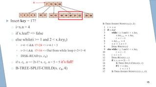  Insert key = 17?
o i=x.n = 4
o if x.leaf? => false
o else while(i >= 1 and 2 < x.𝑘𝑒𝑦𝑖)
• i=4 >1 && 17<24 => i=4-1 = 3
• i=3>1 && 17<16 => Out from while loop i=3+1=4
• DISK-READ (x. 𝑐4)
o if x. 𝑐1 .n == 2t-1? x. 𝑐1 .n = 5 = 5 it’s full!
o B-TREE-SPLIT-CHILD(x. 𝑐4, 4)
x
15
 