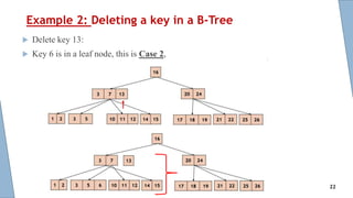 Example 2: Deleting a key in a B-Tree
 Delete key 13:
 Key 6 is in a leaf node, this is Case 2,
22
 
