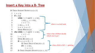 Insert a Key into a B- Tree
when x is a leaf node
when x has children decide
which one to go !
when child is full => splitting
9
 
