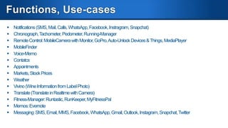 Models
MetaWatch
MHz, RAM, SSD
Display, Camera, Video

Display Type
Sensors
Sound
Battery, Usage, Standby
Communication

???
96x96, none, none

LCD
3-Axis, Light
None
5-6 days
Bluetooth 4 LE

Phone

No

Pairing

Android 2.3+, iOS 6

OS
MediaPlayer
Price

Proprietary
Yes
$230

 