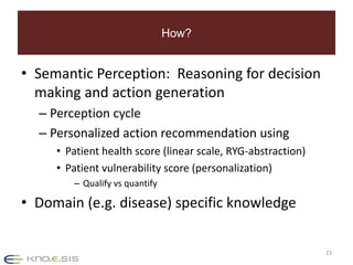 How? 
• Semantic Perception: Reasoning for decision 
making and action generation 
– Perception cycle 
– Personalized acti...