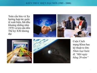 KIẾN TRÚC HIỆN ĐẠI MỚI (1985 - 2000)
11
Toàn cầu hóa và Xu
hướng hợp tác quốc
tế xuất hiện, bắt đầu
khoảng những năm
1970 và kéo dài đến
Thế kỷ XXI đương
đại
Cuộc Cách
mạng Khoa học
kỹ thuật to lớn:
Nhân loại bước
đi “Một ngày
bằng 20 năm”
 