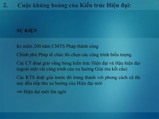 13
2. Cuộc khủng hoảng của Kiến trúc Hiện đại:
Kỉ niệm 200 năm CMTS Pháp thành công
Chính phủ Pháp tổ chức thi chọn các công trình biểu tượng
Các CT đoạt giải vắng bóng kiến trúc Hiện đại và Hậu hiện đại
(ngoài một vài công trình của xu hướng Giải tỏa kết cấu)
Các KTS đoặt giải trước đó trung thành với phong cách cũ thì
nay đều tiếp thu xu hướng của Hiện đại mới
⟹ Hiện đại mới lên ngôi
SỰ KIỆN
 