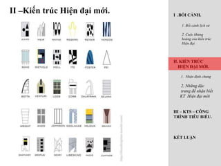 II –Kiến trúc Hiện đại mới. I .BỐI CẢNH.
1. Bối cảnh lịch sử
2. Cuộc khủng
hoảng của kiến trúc
Hiện đại
II. KIẾN TRÚC
HIỆN ĐẠI MỚI.
1. Nhận định chung
2. Những đặc
trưng để nhận biết
KT Hiện đại mới
III – KTS – CÔNG
TRÌNH TIÊU BIỂU.
KẾT LUẬN
 