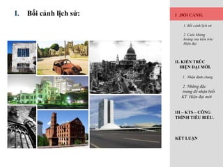 I. Bối cảnh lịch sử: I .BỐI CẢNH.
1. Bối cảnh lịch sử
2. Cuộc khủng
hoảng của kiến trúc
Hiện đại
II. KIẾN TRÚC
HIỆN ĐẠI MỚI.
1. Nhận định chung
2. Những đặc
trưng để nhận biết
KT Hiện đại mới
III – KTS – CÔNG
TRÌNH TIÊU BIỂU.
KẾT LUẬN
 