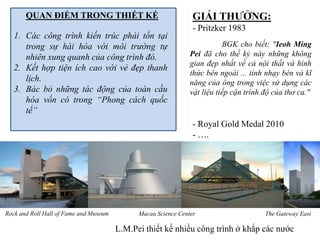 QUAN ĐIỂM TRONG THIẾT KẾ
1. Các công trình kiến trúc phải tồn tại
trong sự hài hòa với môi trường tự
nhiên xung quanh của công trình đó.
2. Kết hợp tiện ích cao với vẻ đẹp thanh
lịch.
3. Bác bỏ những tác động của toàn cầu
hóa vốn có trong “Phong cách quốc
tế”
GIẢI THƯỞNG:
- Pritzker 1983
- Royal Gold Medal 2010
- ….
BGK cho biết: "Ieoh Ming
Pei đã cho thế kỷ này những không
gian đẹp nhất về cả nội thất và hình
thức bên ngoài ... tính nhạy bén và kĩ
năng của ông trong việc sử dụng các
vật liệu tiếp cận trình độ của thơ ca."
L.M.Pei thiết kế nhiều công trình ở khắp các nước
Rock and Roll Hall of Fame and Museum Macau Science Center The Gateway East
 