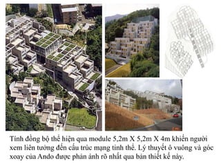 Tính đồng bộ thể hiện qua module 5,2m X 5,2m X 4m khiến người
xem liên tưởng đến cấu trúc mạng tinh thể. Lý thuyết ô vuông và góc
xoay của Ando được phản ánh rõ nhất qua bản thiết kế này.
 