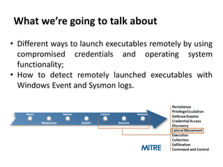 What we’re going to talk about
• Different ways to launch executables remotely by using
compromised credentials and operating system
functionality;
• How to detect remotely launched executables with
Windows Event and Sysmon logs.
 
