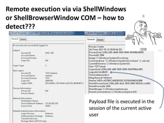 Remote execution via via ShellWindows
or ShellBrowserWindow COM – how to
detect???
Payload file is executed in the
session of the current active
user
 