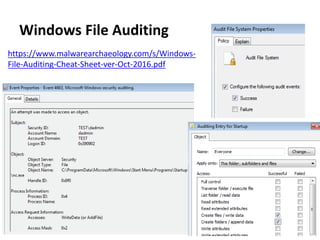 Windows File Auditing
https://www.malwarearchaeology.com/s/Windows-
File-Auditing-Cheat-Sheet-ver-Oct-2016.pdf
 