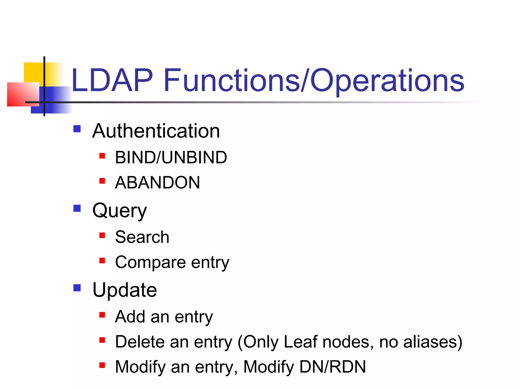 LDAP Functions/Operations
 Authentication
 BIND/UNBIND
 ABANDON
 Query
 Search
 Compare entry
 Update
 Add an entry
 Delete an entry (Only Leaf nodes, no aliases)
 Modify an entry, Modify DN/RDN
 