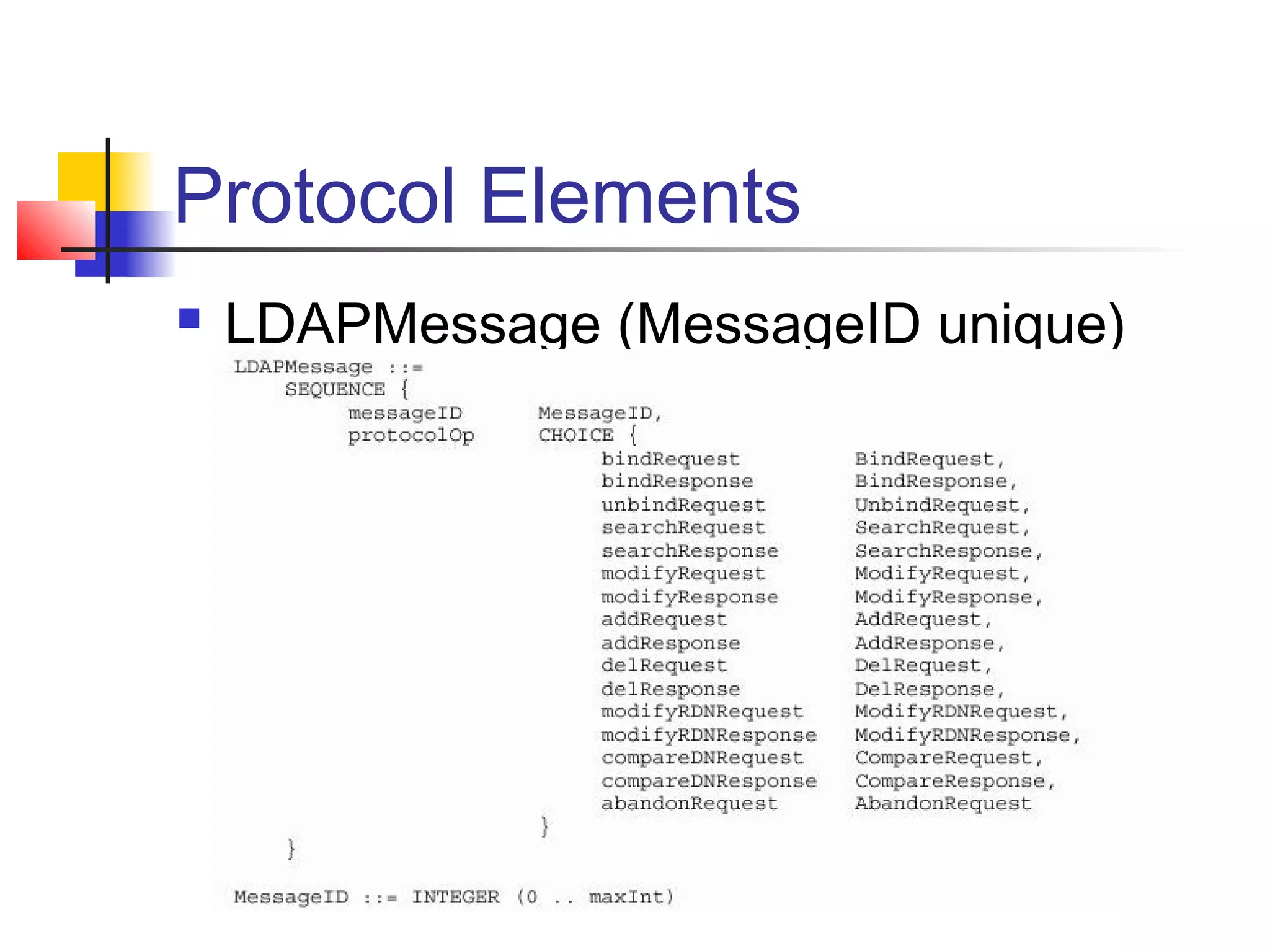 Protocol Elements
 LDAPMessage (MessageID unique)
 